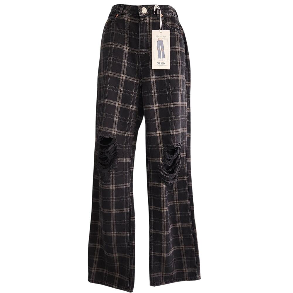 Gemma Rae Dad Jean hi rise black plaid size 5 / 27 NWT